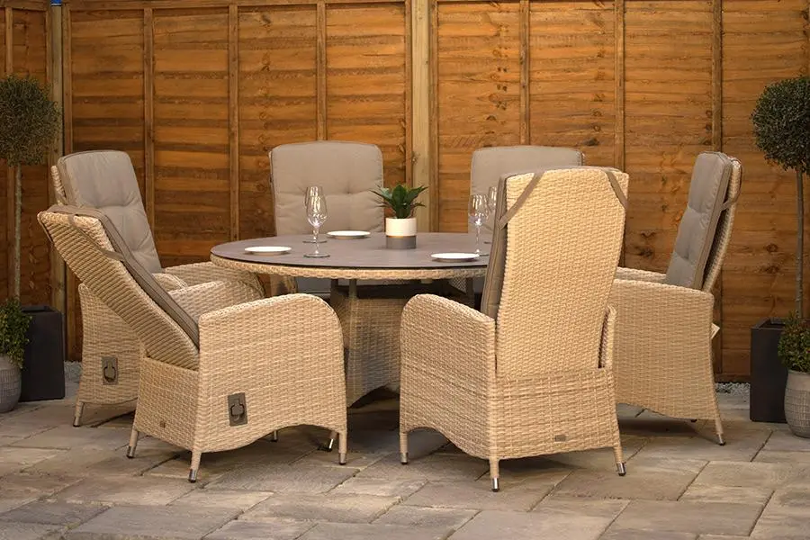 #AskGFUK for Burbage 6 Seater Round Reclining Rattan Dining Set in Latte