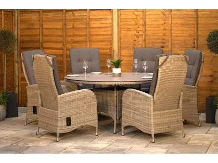 Burbage 6 Seater Round Reclining Dining Set in Silver Grey Rattan