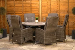 Burbage 6 Seater Round Reclining Dining Set in Stone Grey Rattan Burbage 6 Seater Round Reclining Dining Set in Stone Grey Rattan