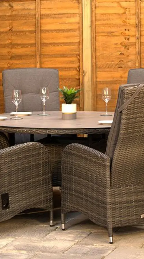 #AskGFUK for Burbage 6 Seater Round Reclining Dining Set in Stone Grey Rattan