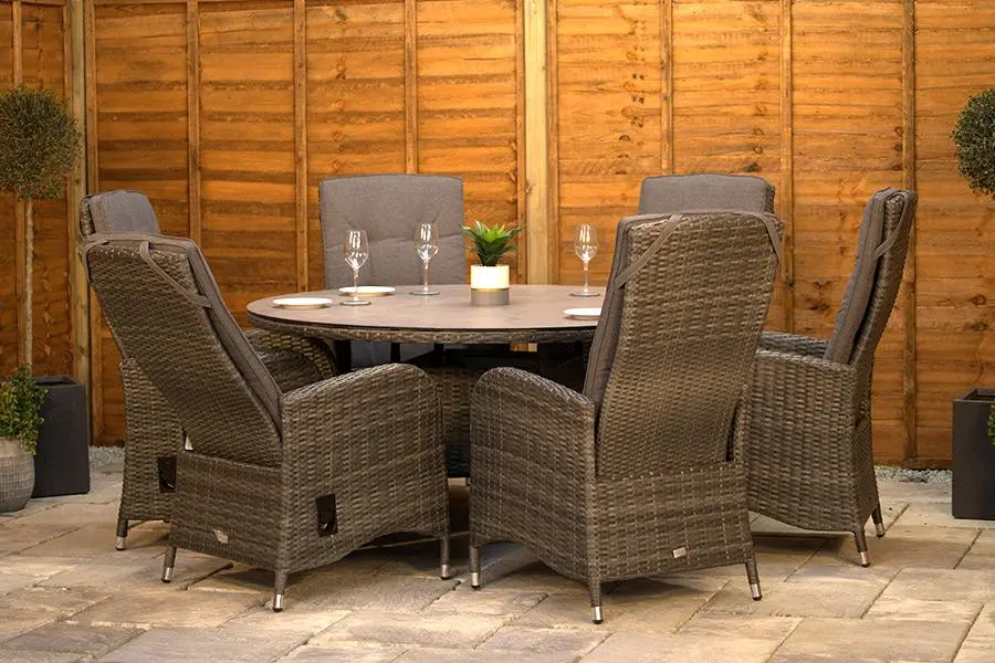 #AskGFUK for Burbage 6 Seater Round Reclining Dining Set in Stone Grey Rattan