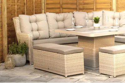 Burbage Large Rattan Corner Lounge Set with Height Adjustable Table in Latte 