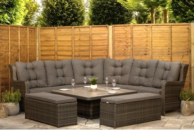 Burbage Large Rattan Corner Lounge Set with Height Adjustable Table in Stone Grey