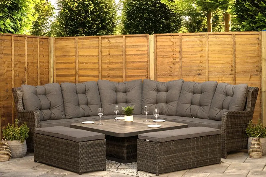 #AskGFUK for Burbage Large Rattan Corner Lounge Set with Height Adjustable Table in Stone Grey
