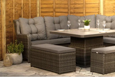 Burbage Large Rattan Corner Lounge Set with Height Adjustable Table in Stone Grey