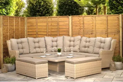 Burbage Large Rattan Corner Lounge Set with Height Adjustable Table in Latte 