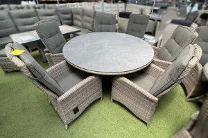 Burbage 6 Seater Round Reclining Dining Set in Cappuccino Rattan Burbage 6 Seater Round Reclining Dining Set in Cappuccino Rattan