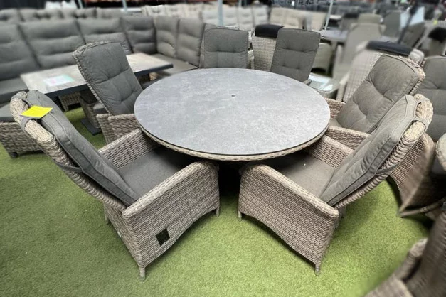 Burbage 6 Seater Round Reclining Dining Set in Cappuccino Rattan Burbage 6 Seater Round Reclining Dining Set in Cappuccino Rattan