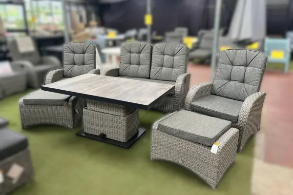 Burbage 2026 Reclining Rattan Sofa Set + Adjustable Table in Silver Grey