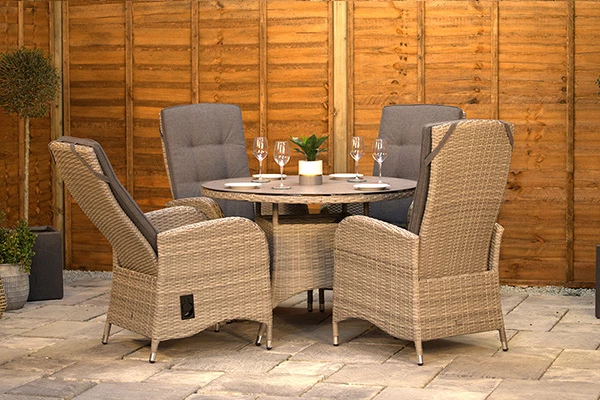 burbage reclining rattan dining set in silver grey